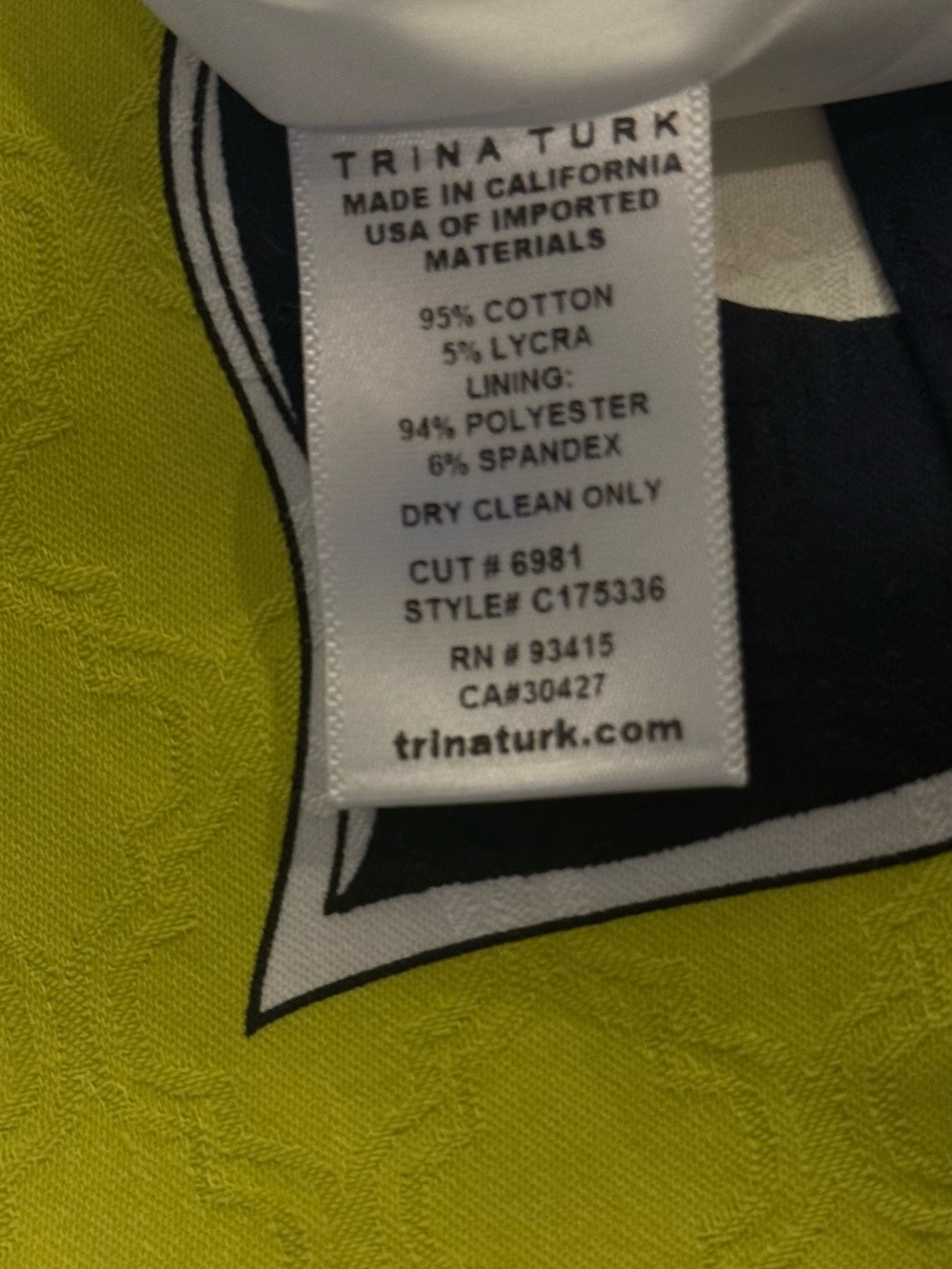 Trina Turk Lime Green Black White Abstract Print Sleeveless Shift Dress Size 4 - Picture 6 of 6